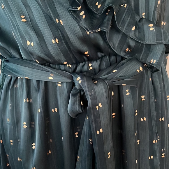 Misa Los Angeles Gabriella Asymmetric Striped Wrap Midi-Dress sheer long sleeve - Picture 7 of 14